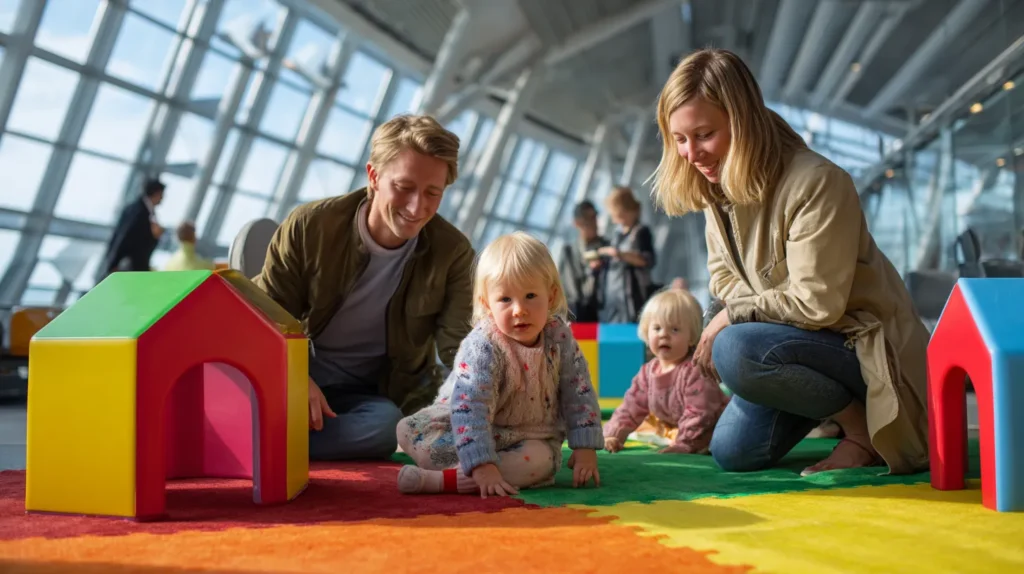 Barnfamilj i lekhörna på Köpenhamns flygplats
