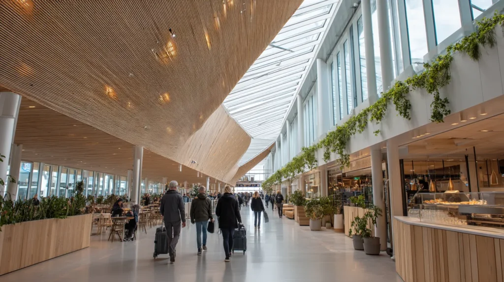 Resenärer inne på Kastrup terminal med shopping och caféer

