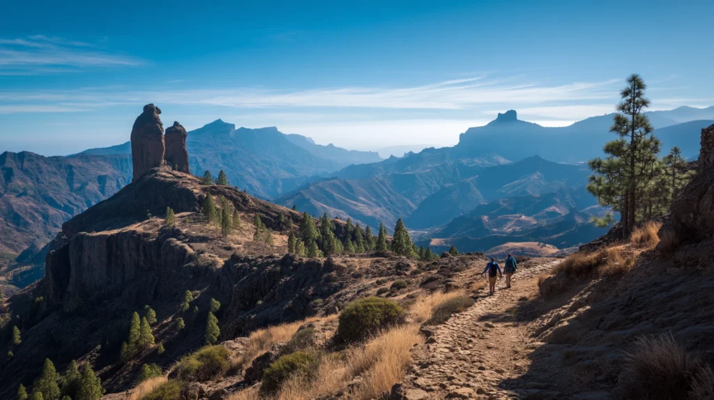 Vandrare på väg mot Roque Nublo med utsikt över bergen på Gran Canaria
