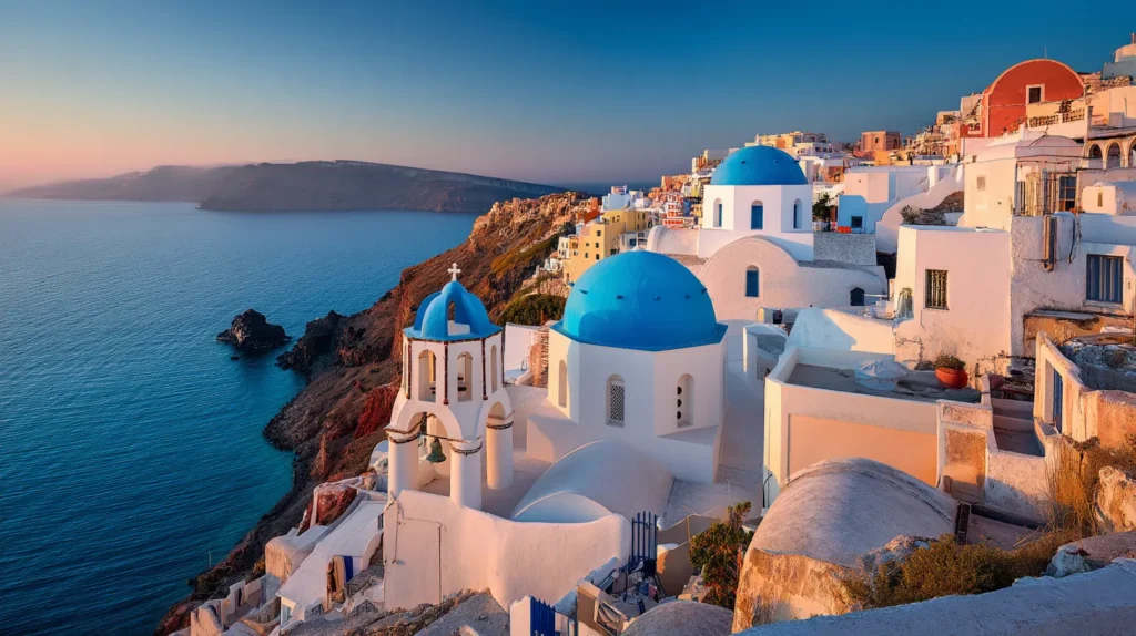 Utsikt över Santorini med vitkalkade hus och blå kupoler