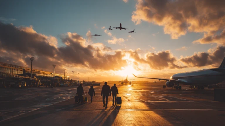Resa utomlands billigt från Italien flygplatser med flygplan som lyfter i solnedgång