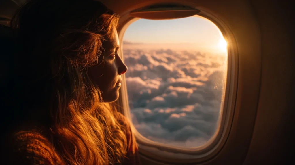 Resenär tittar ut genom flygplansfönster på molnen.
