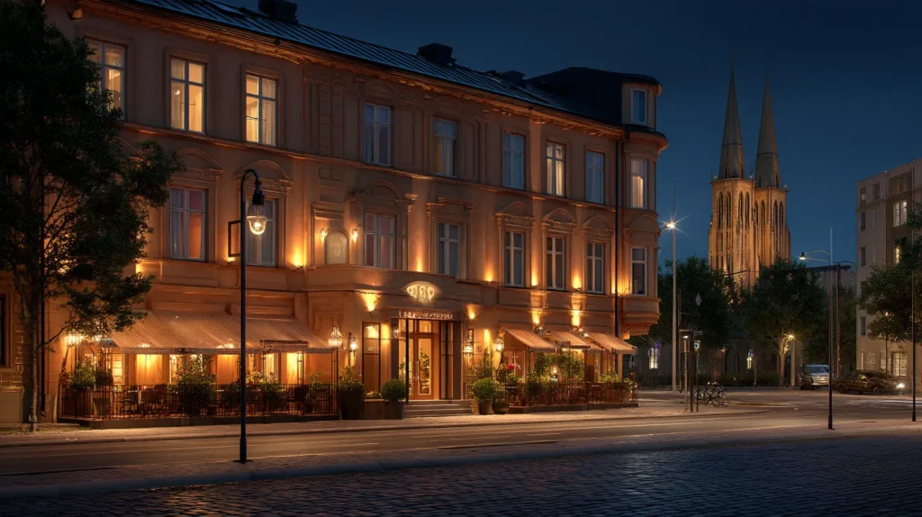 Hotell i Linköping på kvällen med domkyrkan i bakgrunden