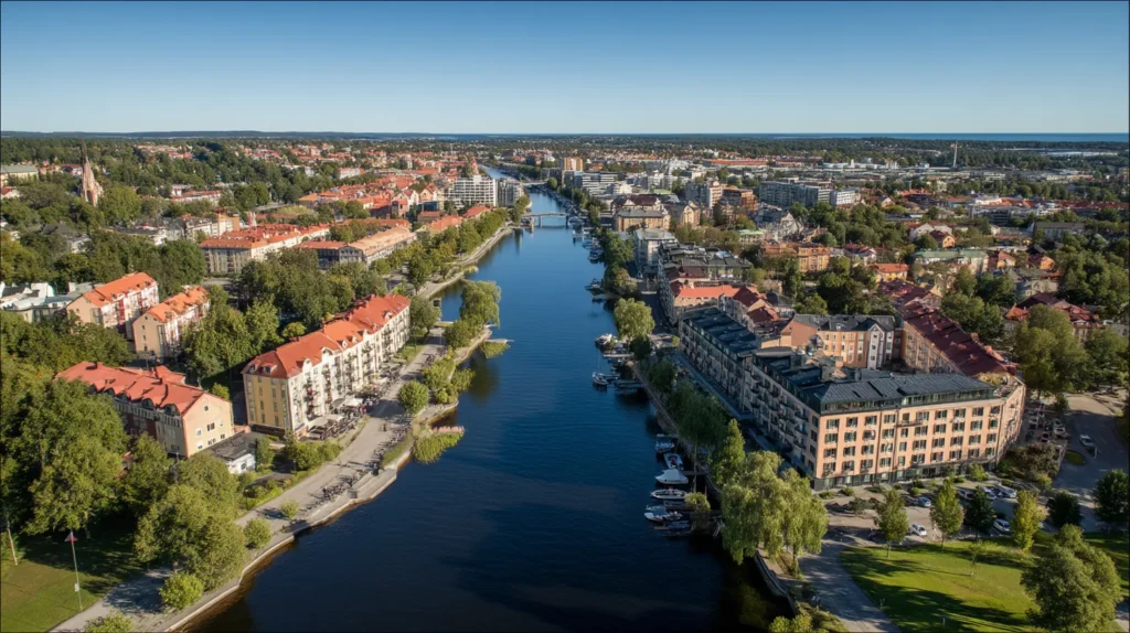Fågelvy över Linköping med hotell och stadsmiljö