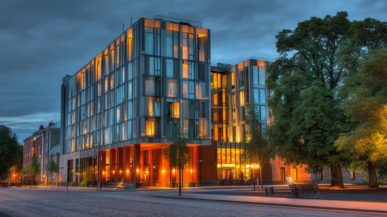 Hotell i Linköping i centrala stadsmiljön med kvällsbelysning