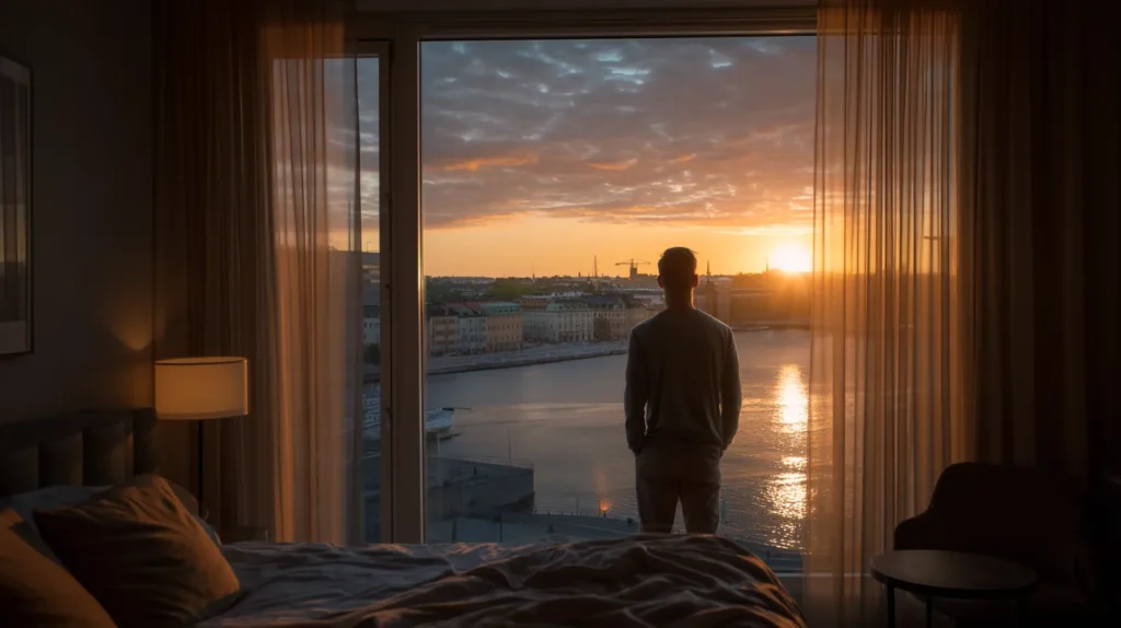 Morgonutsikt från ett rum på Hotell Stockholm Grand Hotel mot Skeppsholmen