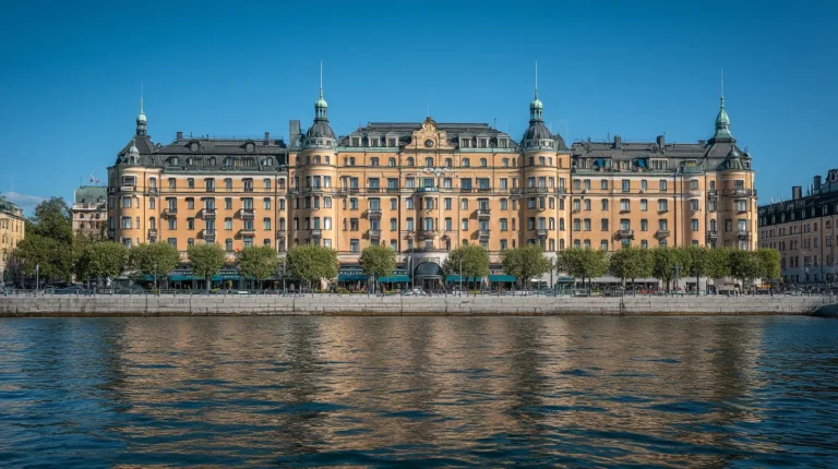 Utsikt över Hotell Stockholm Grand Hotel vid vattnet en solig dag
