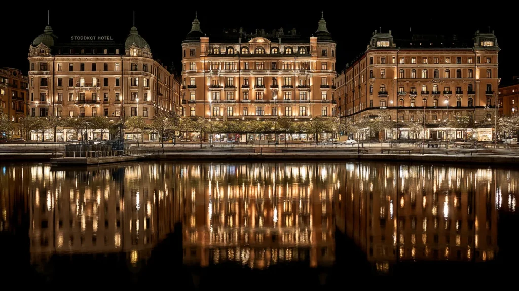 Kvällsvy av Hotell Stockholm Grand Hotel med reflektioner i vattnet