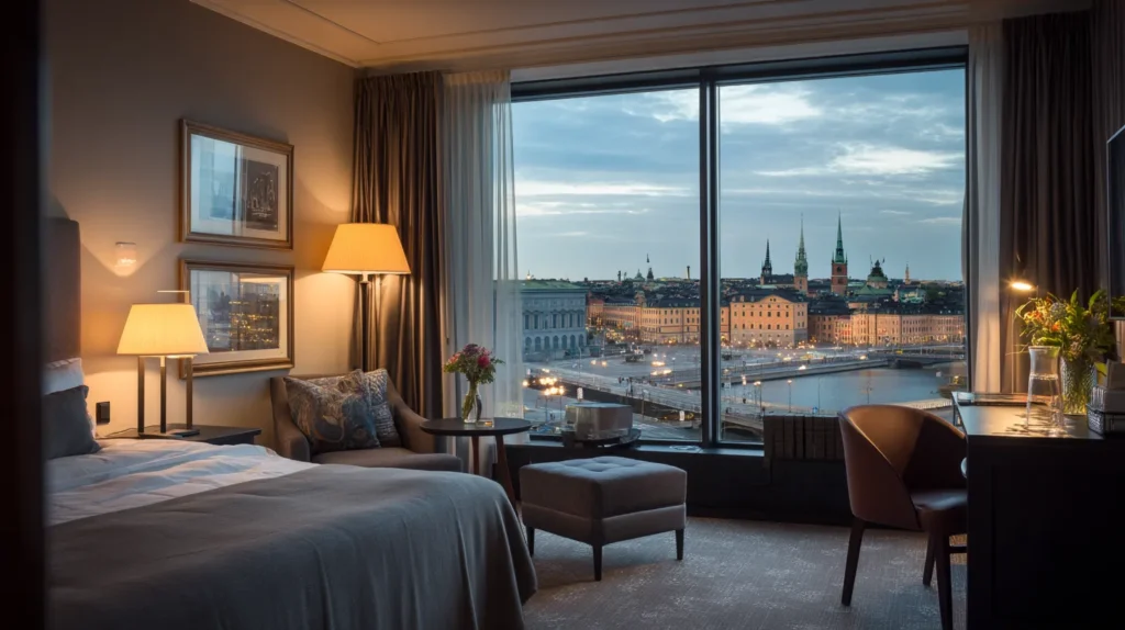 Lyxigt rum på Hotell Stockholm Grand Hotel med utsikt mot slottet