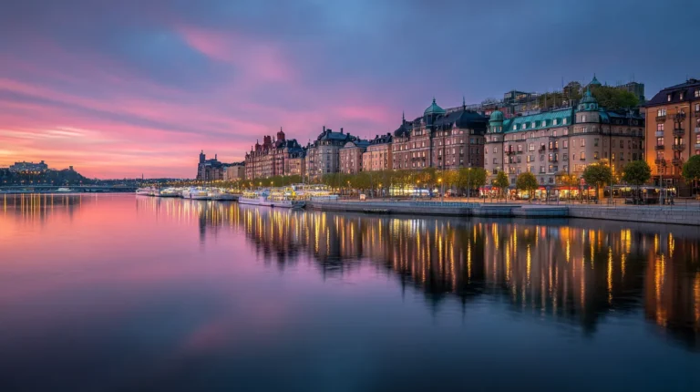 Panoramavy över Stockholm med hotell vid vattnet i kvällsljus