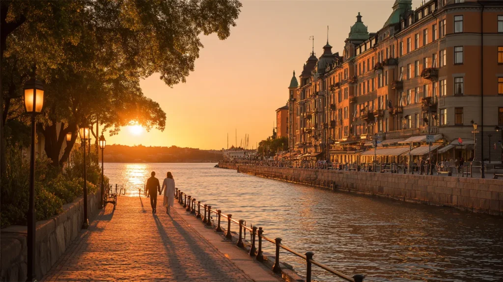 Solnedgång över Stockholm med hotell vid vattnet