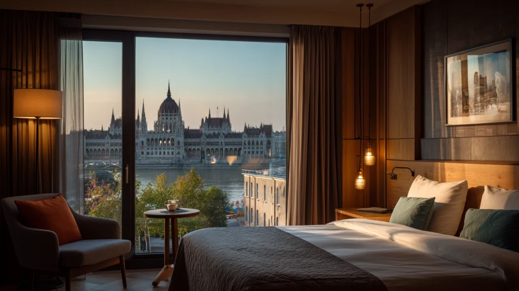 Hotellrum med utsikt över Donau och parlamentet i Budapest