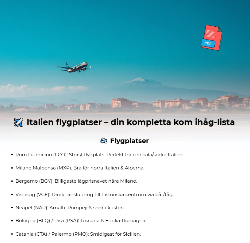 PDF-checklista med tips om Italiens flygplatser, transfers och billiga resor