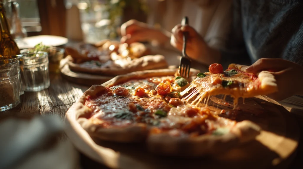Resenärer äter pizza och pasta nära Pisa flygplats