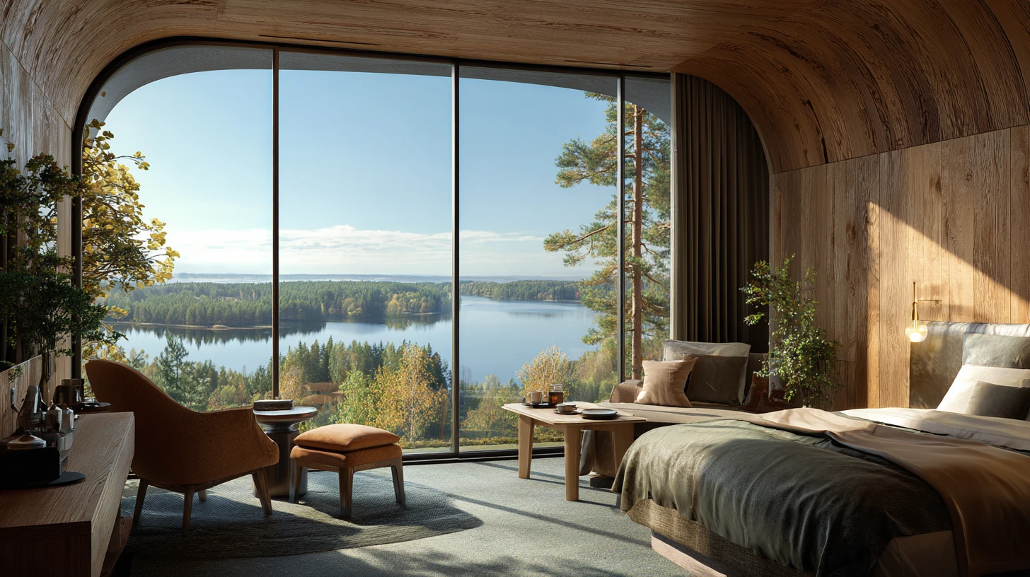 Modernt hotellrum med stor panoramavy över svensk natur – sjö, skog eller skärgård.