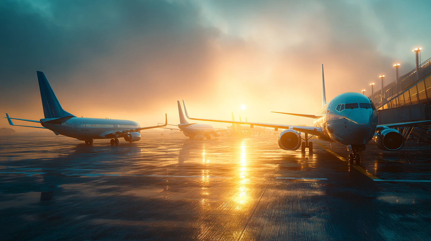 Stor internationell flygplats med flygplan parkerade vid terminalen i vackert solljus.