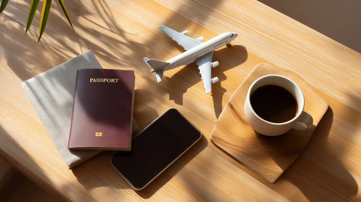 Resenär planerar resa vid laptop med pass, flygbiljett och kaffekopp – symbol för kontakta Billigaste Resorna.