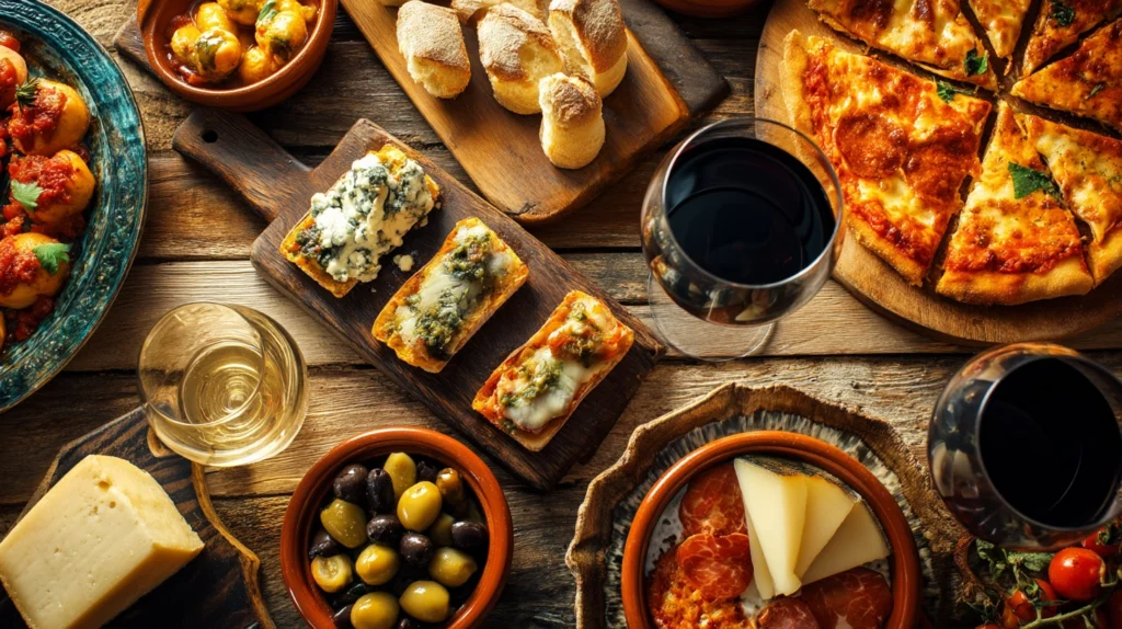Bord med tapas, pizza, vin och ost – klassiska europeiska smaker
