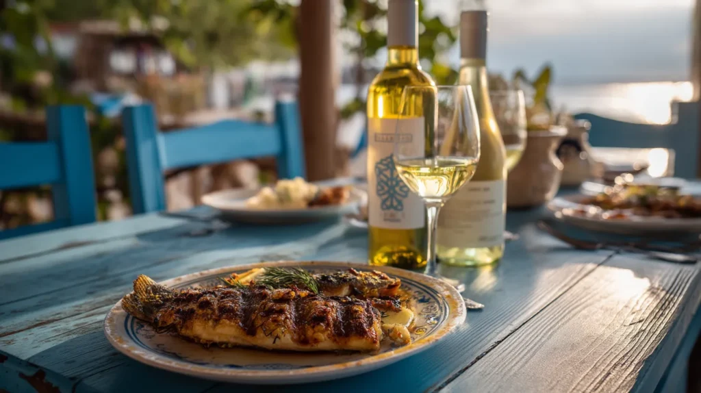 Grillad fisk och vin på en billig resa vid havet
