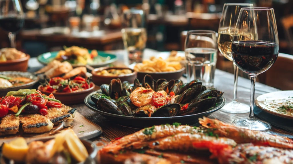 Bord med tapas, vin och europeiska maträtter i solig miljö.