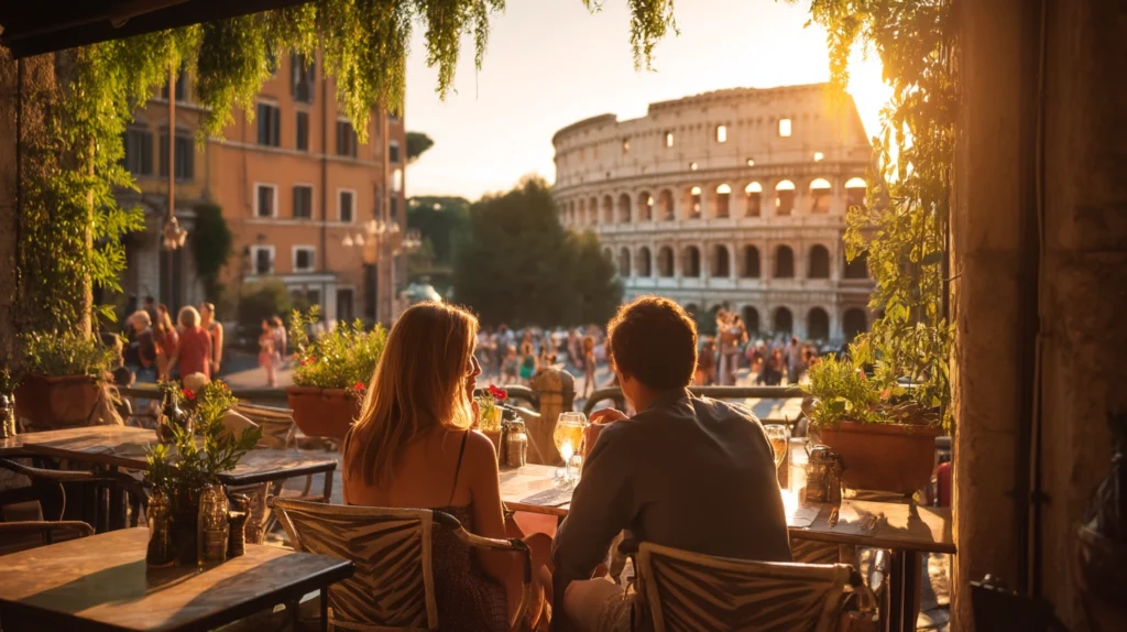 Par vid uteservering i Rom med Colosseum i bakgrunden