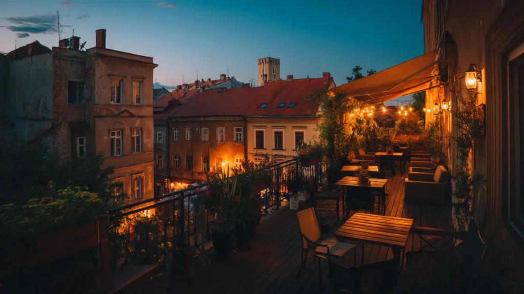 Billigt hotell med terrass och utsikt över stadens takåsar.
