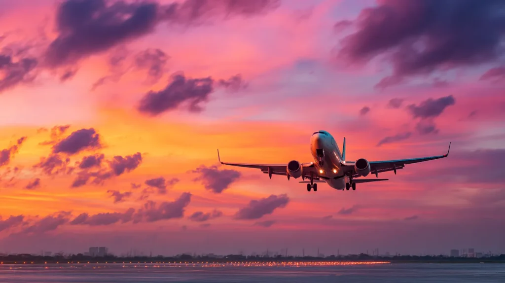 Flygplan som lyfter mot en färgstark solnedgång