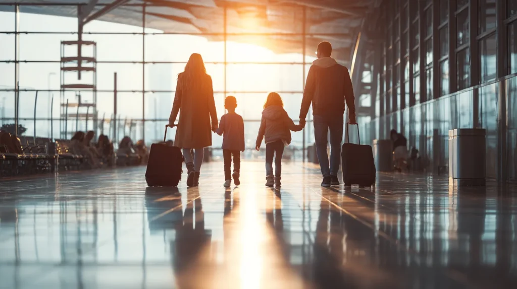 Familj på flygplats med resväskor bokade via resebolag