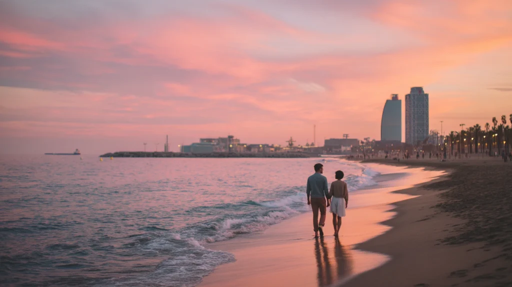 Nygift par på Barceloneta-stranden i solnedgången
