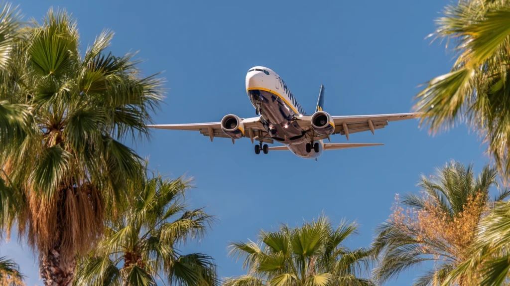 Ryanair-plan landar på en solig semesterort.
