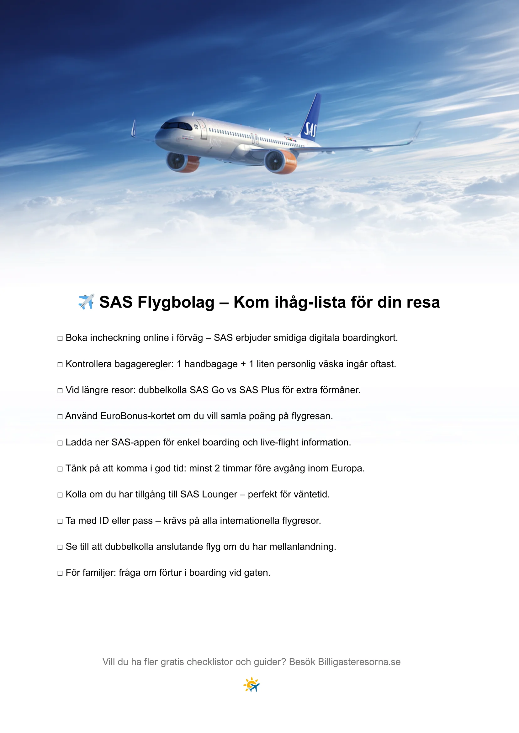 Kom ihåg-lista för SAS flygbolag – praktiska resetips