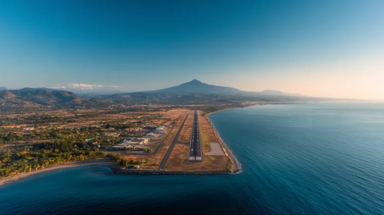 Panoramavy över flygplats på Sicilien med Etna och Medelhavet i solnedgång