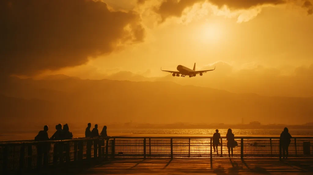 Flygplan lyfter från Sicilien i solnedgång över Medelhavet
