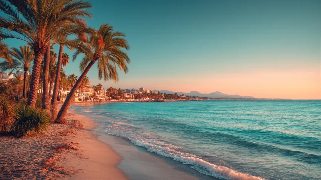 Strand i Spanien med palmer och solnedgång – Spanienresor