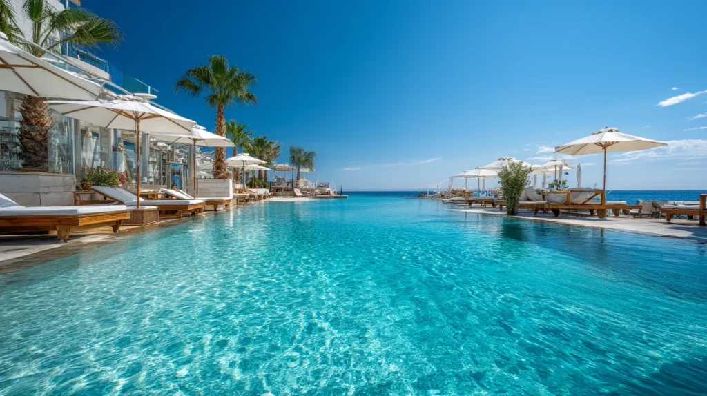 Hotellpool med havsutsikt i Spanien