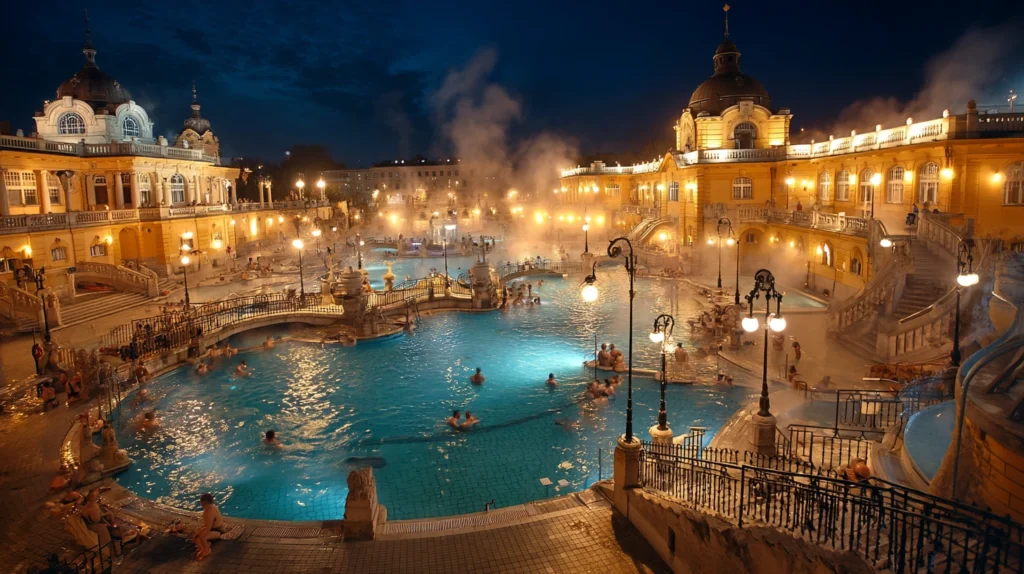 Resenärer njuter i Széchenyi termalbad på kvällen