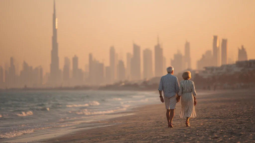 Äldre par promenerar vid Dubais strand i solnedgång med Burj Khalifa i bakgrunden
