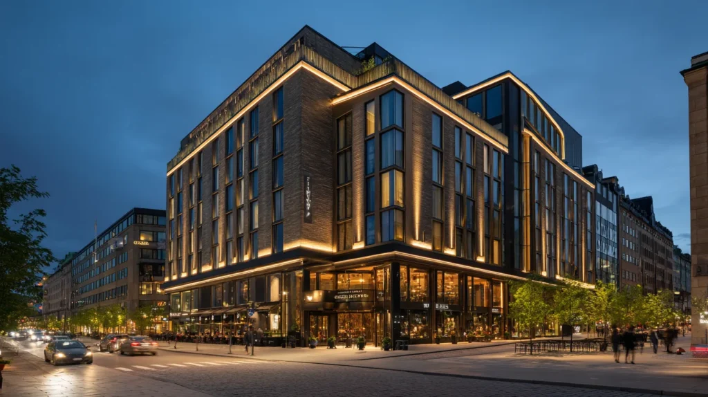 Fasad av At Six Hotell Stockholm i kvällsljus med människor utanför