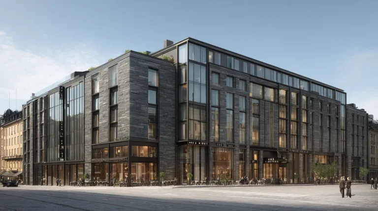 Realistisk fasadbild av At Six Hotell Stockholm vid Brunkebergstorg