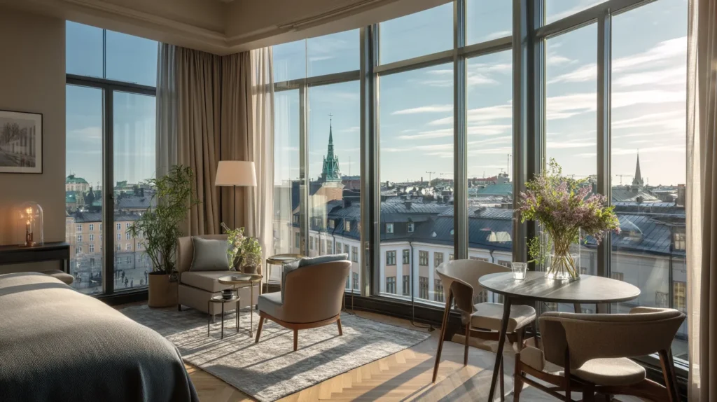 Hotellrum på At Six Hotell Stockholm med utsikt över Stockholms takåsar