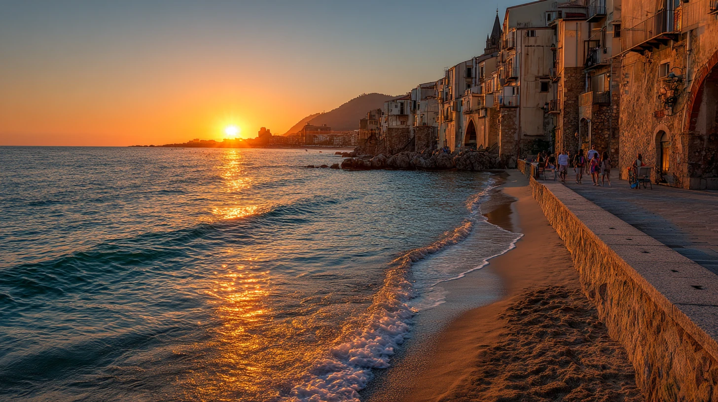 Solnedgång över Cefalùs strandpromenad på Sicilien.
