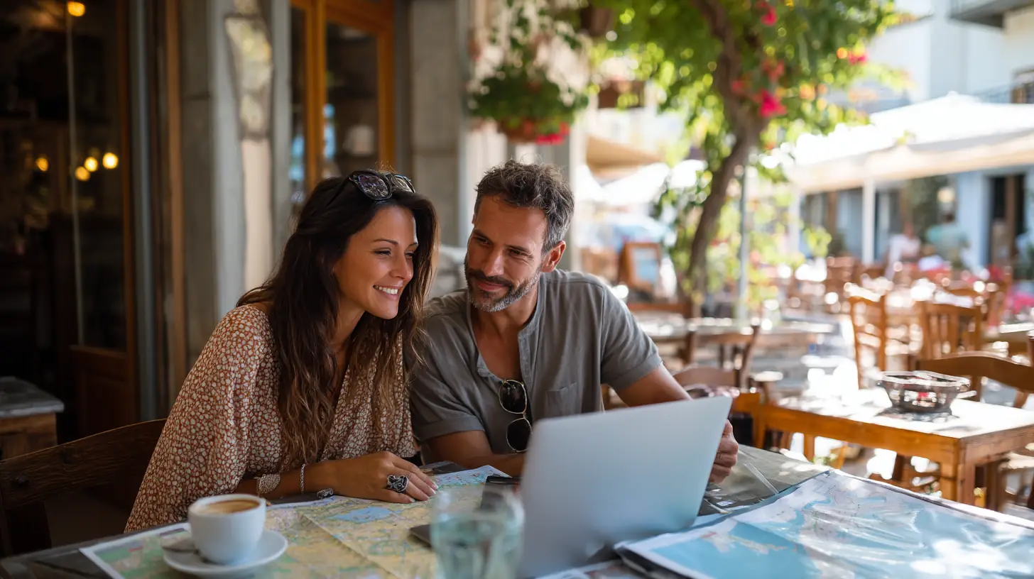 Par jämför hotellalternativ på laptop vid kafébord i Grekland med karta och kaffekopp.