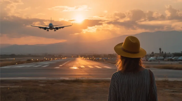 Billiga flyg till Grekland – resenär ser ut över startbana i solnedgång med flygplan på väg mot Medelhavet.