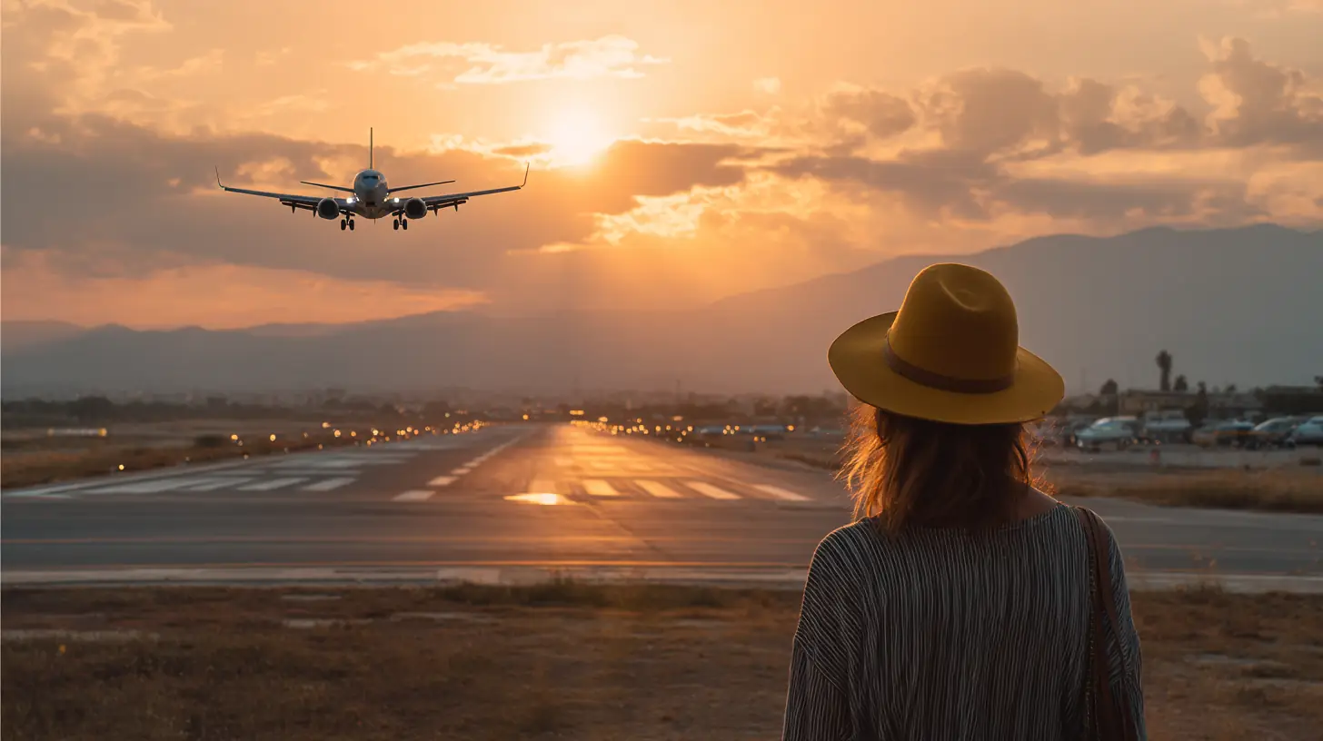 Billiga flyg till Grekland – resenär ser ut över startbana i solnedgång med flygplan på väg mot Medelhavet.