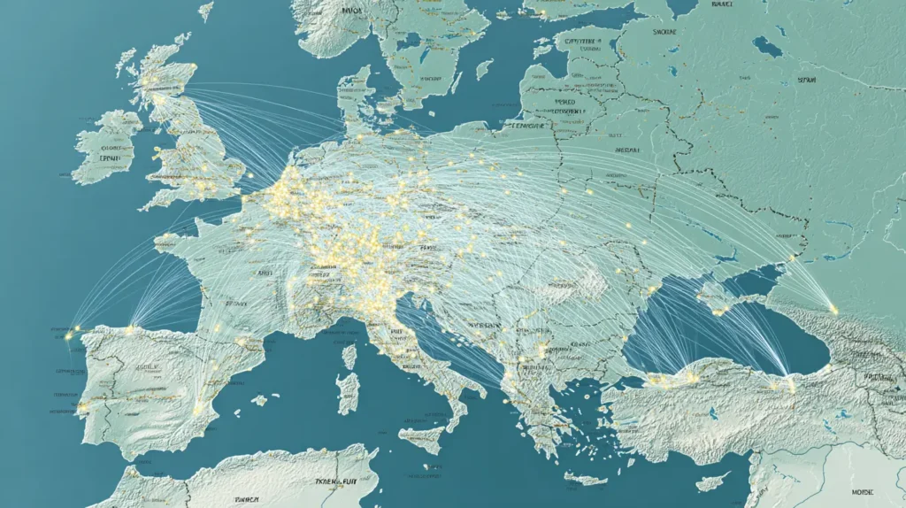 Karta över Grekland med flygrutter från Europa till Aten, Rhodos och Kreta – fokus på billiga flyg.