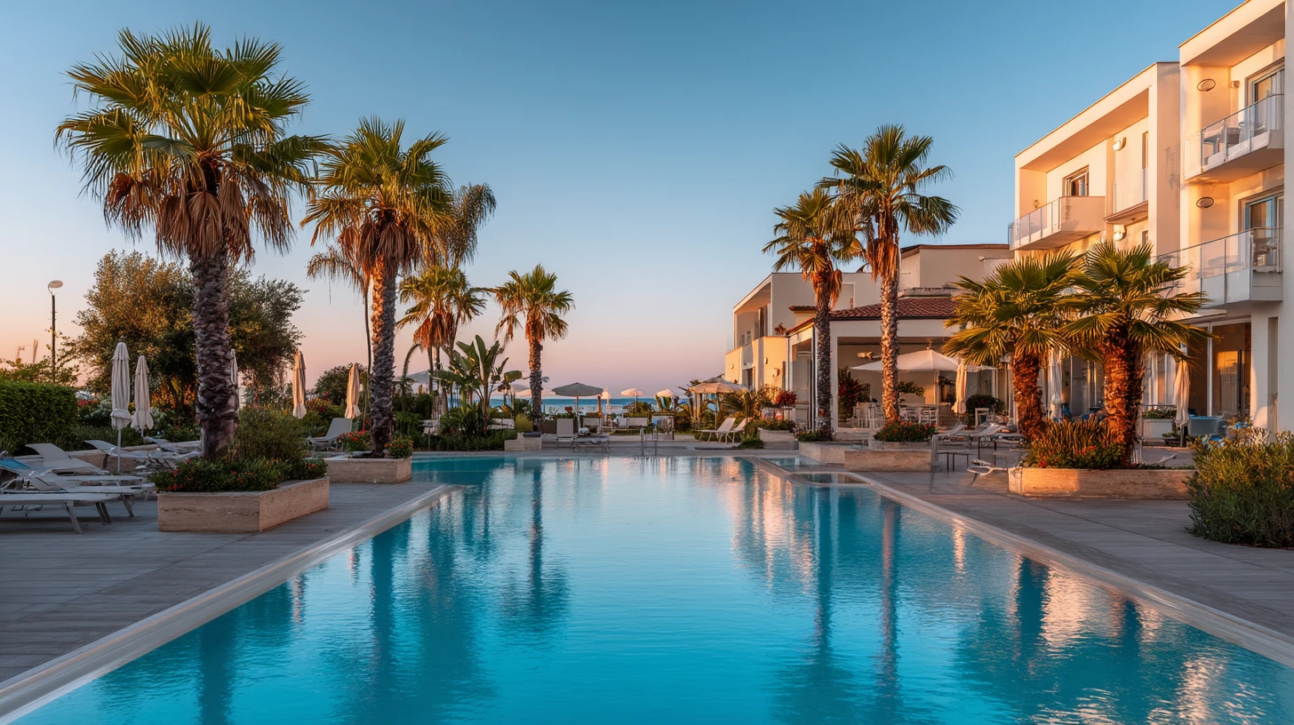 Strandnära hotell med pool och havsutsikt under Sicilien resa.