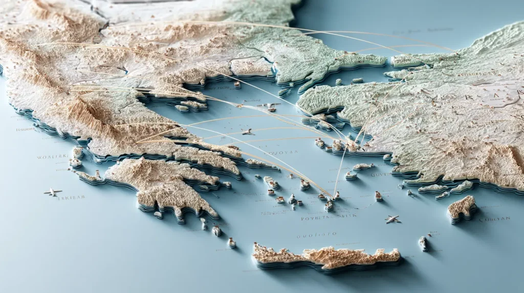 Karta över Grekland med flygrutter och öar som visar skillnaden mellan charter och egen resa.