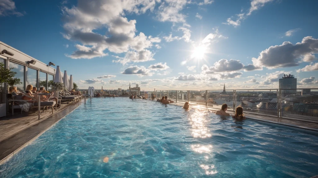 Takpoolen på Clarion Sign med utsikt över Stockholm.