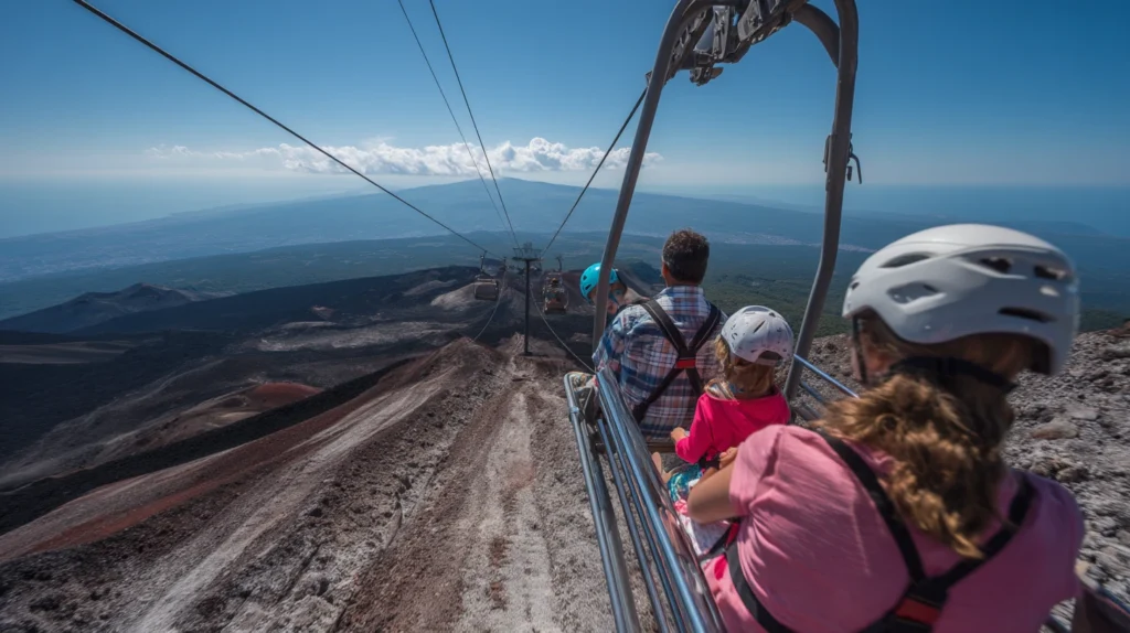 Familj åker linbana upp mot Etna under klarblå himmel.