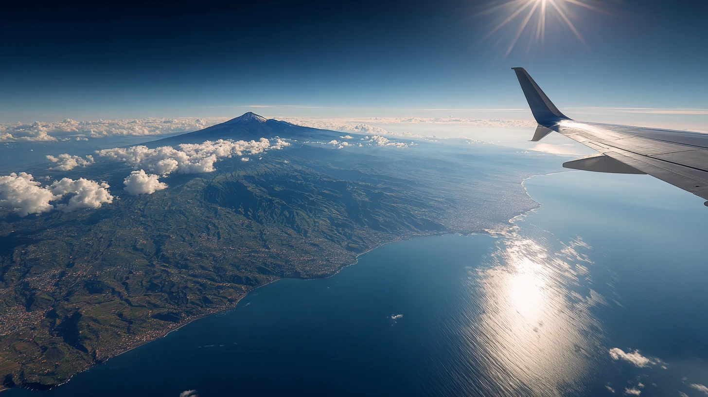 Flygplan anländer till Sicilien med utsikt över Etna och Medelhavet.